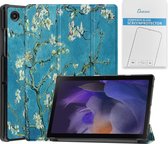 Case2go - Tablet hoes & Screenprotector geschikt voor Samsung Galaxy Tab A8 - 10.5 Inch - Auto Wake/Sleep functie - Witte Bloesem