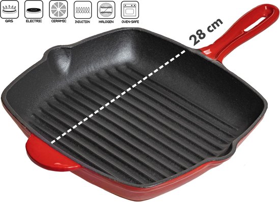 Cdealsz® Grillpan Inductie - Gietijzeren Grillpan - Rood - 28 cm