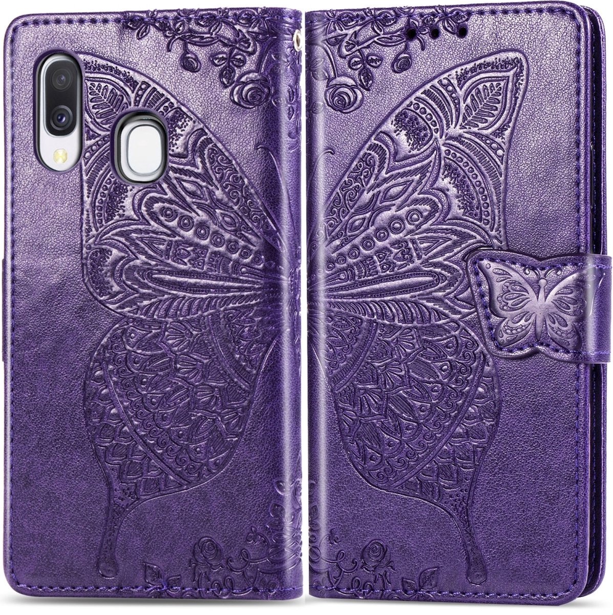 Mobigear Telefoonhoesje geschikt voor Samsung Galaxy A40 Hoesje | Mobigear Butterfly Bookcase Portemonnee | Pasjeshouder voor 3 Pasjes | Telefoonhoesje voor Pinpas / OV Kaart / Rijbewijs - Paars