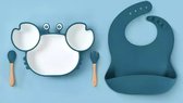 Vaisselle enfant en silicone avec ventouse sous l'assiette - 4 pièces - bleu - set vaisselle bébé - couverts enfant - assiette enfant - vaisselle bébé - couverts bébé - crabe