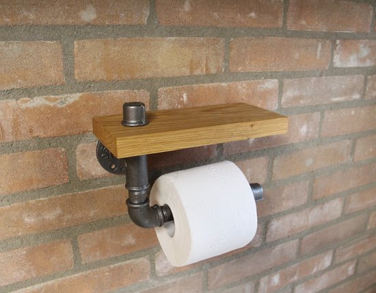 Industriële Toiletrolhouder met plankje - Handgemaakt - Eiken  telefoonplankje - Incl.... | bol.com