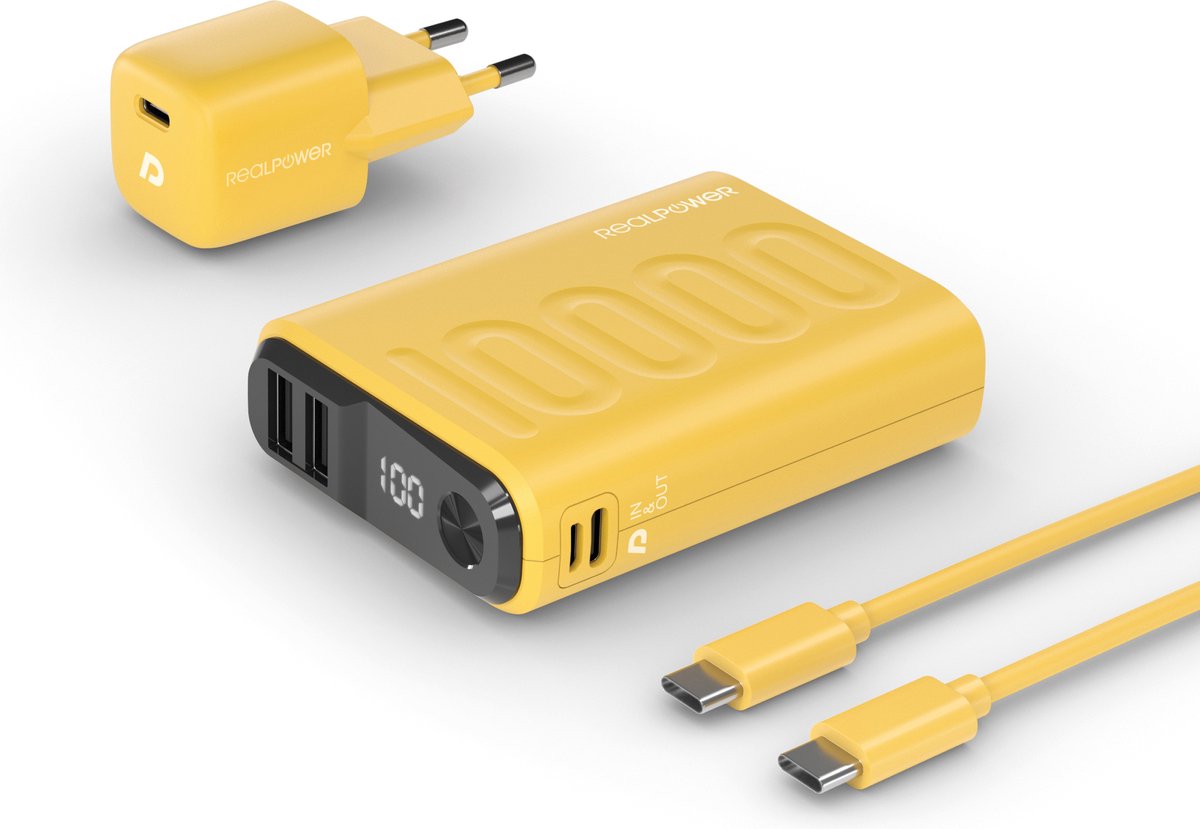 RealPower PB-10000 PD+ Powerpack - compacte 10.000 mAh powerbank - 1 x USB-C PD fast charge 2 x USB-A - nano USB-C PD 20W wandlader - USB-C naar USB-C kabel - Geel