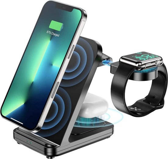 Oplader 3 in 1 draadloze Oplader15w - Oplaadstation Samsung - Draadloze Oplader Samsung  S22 ultra, S22, S22 plus,Galaxy Watch 4/3/Active2/Gear S3/46mm/42mm -wireless charger Galaxy Buds / Buds+/ Buds Live Qi Lader - Zwart