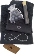 Geborduurde Handdoek en Washandje voor Mama - Antraciet - WALRA - Moederdag cadeau - Oneindig teken met hartje