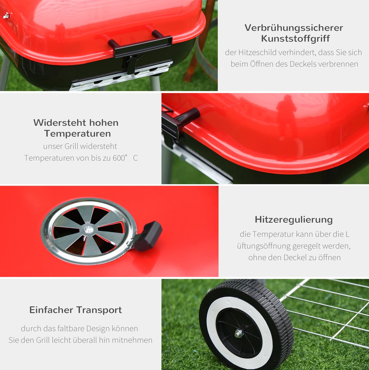 Outsunny houtskoolbarbecue, barbecuewagen met 2 grillroosters, wielen
