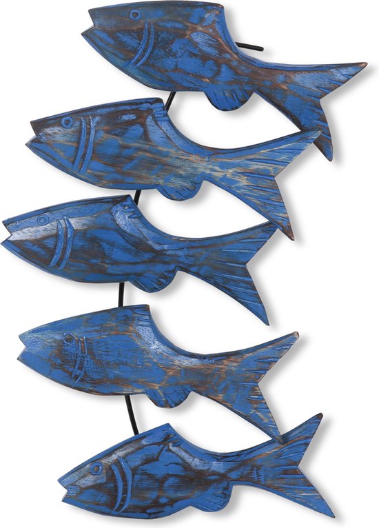 Décoration murale poisson | 50 x 5 x 20 cm | Poissons en bois faits à la main | décoration murale banc de poissons | bleu