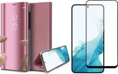 Samsung Galaxy S22 Hoesje - Book Case Spiegel Wallet Cover Hoes Roségoud - Full Tempered Glass Screenprotector