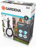 Verpakking van Gardena Liano TapFix met afbeeldingen van het product in gebruik en details.