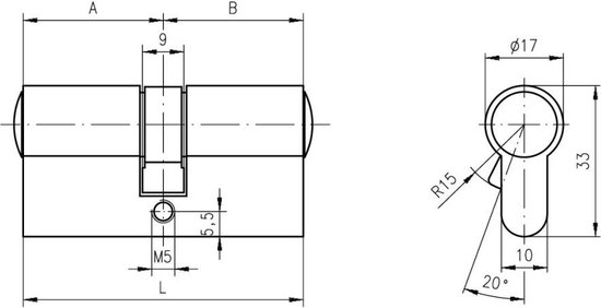 Technische tekening van een DOM cilinder met afmetingen.