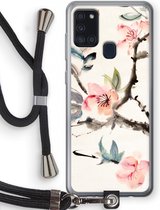 Case Company® - Samsung Galaxy A21s hoesje met Koord - Japanse bloemen - Telefoonhoesje met Zwart Koord - Bescherming aan alle Kanten en Over de Schermrand