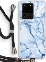 Case Company® - Samsung Galaxy S20 Ultra hoesje met Koord - Blauw marmer - Telefoonhoesje met Zwart Koord - Bescherming aan alle Kanten en Over de Schermrand