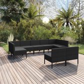 9-delige Loungeset met kussens poly rattan zwart