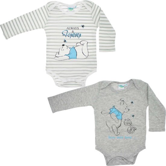 2 Pack Baby Rompers - Winnie de Poeh - Katoen - Grijs-Wit - Maat  74/80