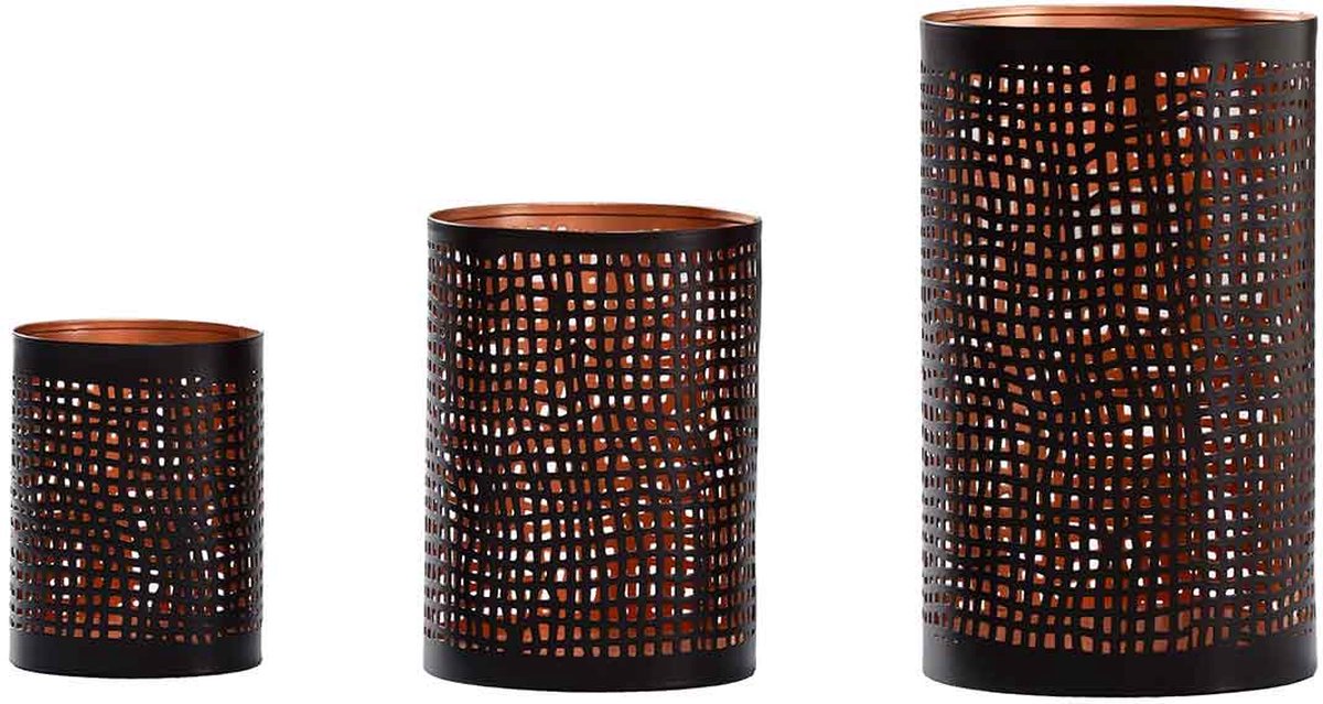 PTMD Yolein Rond Windlicht - H20 x Ø12 cm - Set van 3 - Ijzer - Grijs