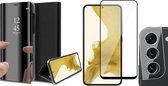 Hoesje geschikt voor Samsung Galaxy S22 Plus - Book Case Spiegel Wallet Cover Hoes Zwart - Full Tempered Glass Screenprotector - Camera Lens Protector
