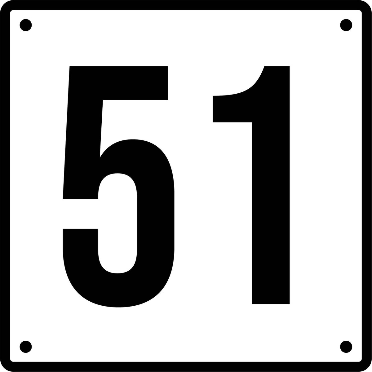 Huisnummerbord 51 - Incl. Schroeven en Pluggen – Acrylaat - 10 x 10 cm - Wit met Zwart