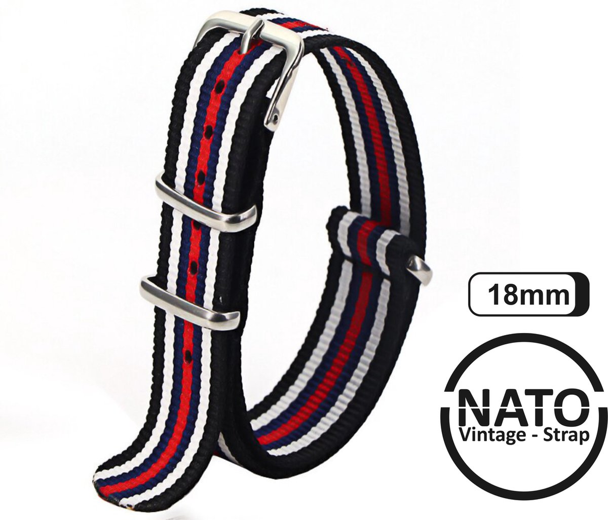 18mm Premium Nato Strap Zwart Rood Blauw Wit - Vintage James Bond - Nato Strap collectie - Mannen - Horlogeband - 18 mm bandbreedte voor oa. Seiko Rolex Omega Casio en Citizen