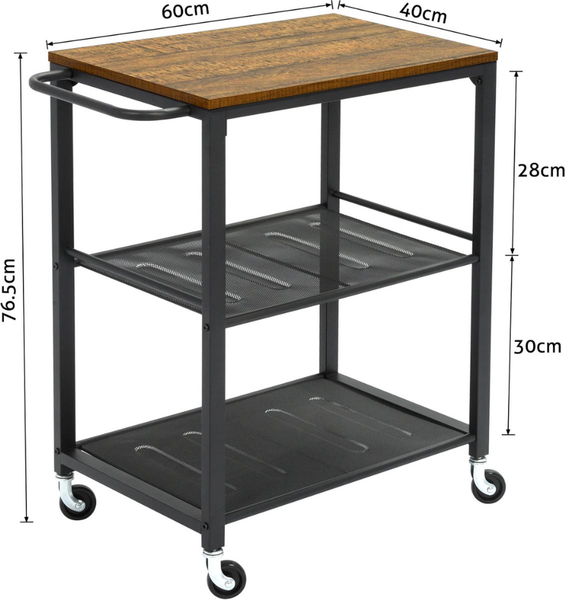 HOMCOM bijzettafel serveerwagen met wielen keukenwagen koffietafel met lade, verplaatsbaar dressoir grijs, 60 x 30 x 65 cm