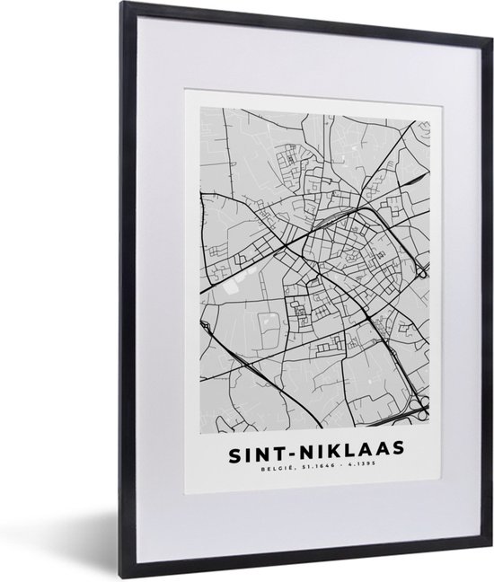 Cadre photo avec affiche Zwart Wit- Plan de la ville - Carte - België - Zwart Wit - Sint Niklaas - Carte - 30x40 cm - Cadre pour affiche