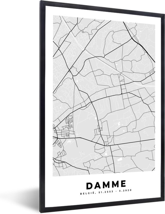 Fotolijst incl. Poster Zwart Wit- België – Damme – Stadskaart – Kaart – Zwart Wit – Plattegrond - 60x90 cm - Posterlijst