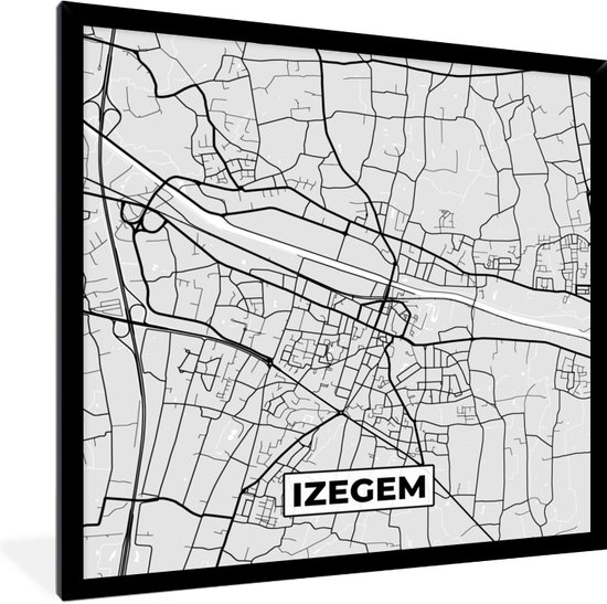 Fotolijst incl. Poster Zwart Wit- Zwart Wit – België – Plattegrond – Stadskaart – Kaart – Izegem - 40x40 cm - Posterlijst