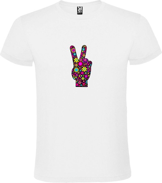 Wit T shirt met Full Color print  "Peace “ Flower Power Logo print size M