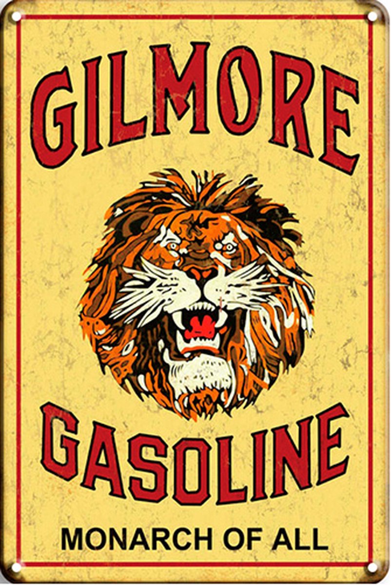 Signs-USA Retro wandbord - metaal - Gilmore Lion Gasoline - 20 x 30 cm