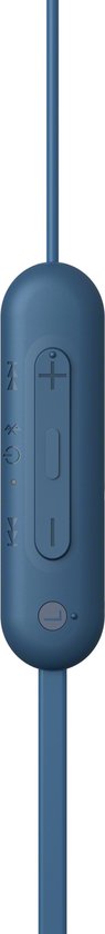 Blauwe control unit met volume- en afspeelknoppen op de kabel.