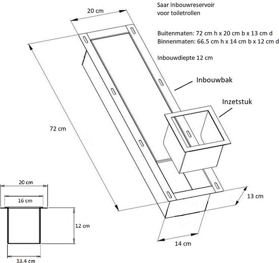 Foto: Saar inbouw toilet reserve rolhouder rvs met mat zwart inzetstuk uitneembaar 72 x 20 x 13 cm inbouwdiepte 12 cm