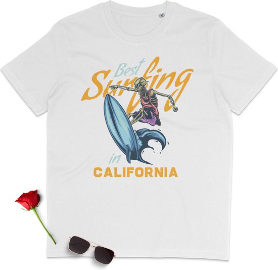 T Shirt Dames en Heren - Surfen California - Wit - Maat 3XL