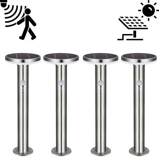 Vier zilverkleurige tuinlampen op zonne-energie met een rond zonnedek en een zilverkleurige paal. Iconen tonen bewegingsdetectie, zon en opladen.