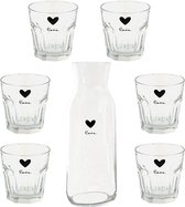 Karaf met 6 glazen - Karaf 1000 ml set van 6 Waterglazen | Transparant Glas Hartje Love Drinkbeker