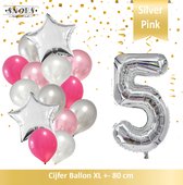 Cijfer Ballon 5 Jaar Zilver Roze White Pearl Boeket * Hoera 5 Jaar Verjaardag Decoratie Set van 15 Ballonnen * 80 cm Verjaardag Nummer Ballon * Snoes * Verjaardag Versiering * Verj