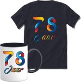 78 Jaar Vrolijke Verjaadag T-shirt met mok giftset Zwart | Verjaardag cadeau pakket set | Grappig feest shirt Heren – Dames – Unisex kleding | Koffie en thee mok | Maat 3XL