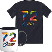 72 Jaar Vrolijke Verjaadag T-shirt met mok giftset Zwart | Verjaardag cadeau pakket set | Grappig feest shirt Heren – Dames – Unisex kleding | Koffie en thee mok | Maat L