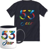 53 Jaar Vrolijke Verjaadag T-shirt met mok giftset Zwart | Verjaardag cadeau pakket set | Grappig feest shirt Heren – Dames – Unisex kleding | Koffie en thee mok | Maat S