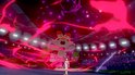 Een witte konijn-Pokémon met een roze effect in een stadion.