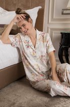 Seamlife Homewear - Dames Pyjama Set- BIO- Kort - Crème Flower - (XL)