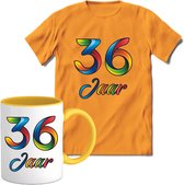 36 Jaar Vrolijke Verjaadag T-shirt met mok giftset Geel | Verjaardag cadeau pakket set | Grappig feest shirt Heren – Dames – Unisex kleding | Koffie en thee mok | Maat S