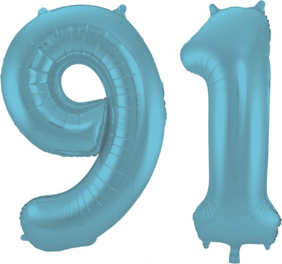 Folieballon 91 jaar metallic pastel blauw mat 86cm