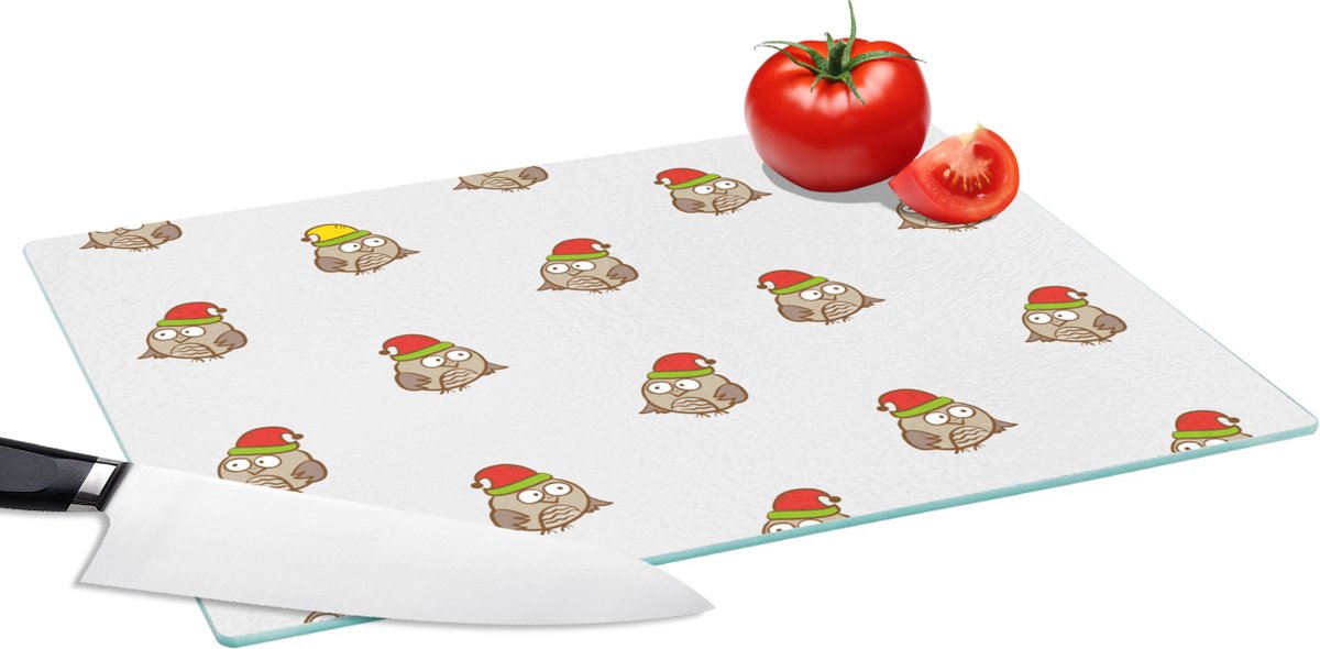 Glazen Snijplank - 39x28 - Uil - Kerstmuts - Cartoon - Kind - Design - Snijplanken Glas
