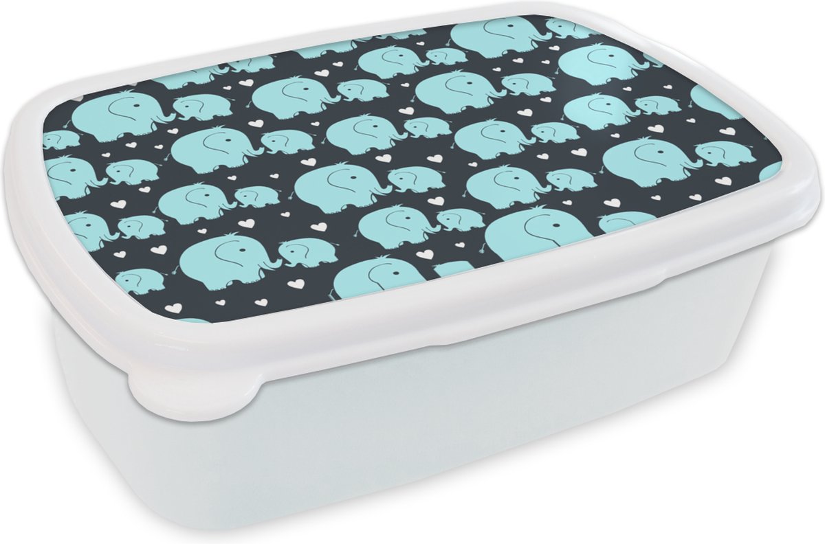 Broodtrommel Wit - Lunchbox - Brooddoos - Patronen - Olifant - Hart - 18x12x6 cm - Volwassenen