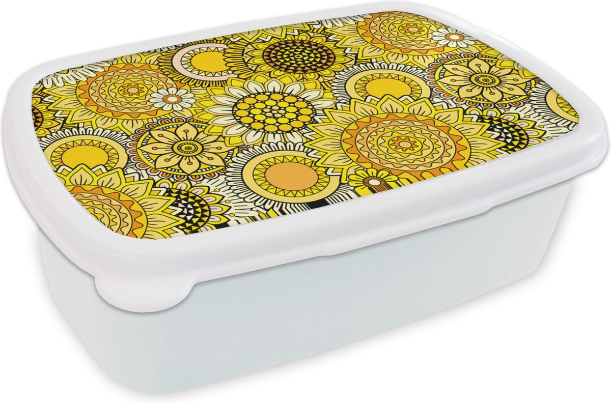 Broodtrommel Wit - Lunchbox - Brooddoos - Zonnebloem - Patronen - Geel - 18x12x6 cm - Volwassenen