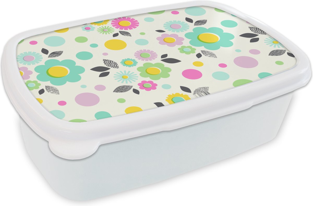 Broodtrommel Wit - Lunchbox - Brooddoos - Patronen - Bloemen - Bladeren - 18x12x6 cm - Volwassenen