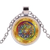 Ketting Levensbloem - Zilverkleurige Halsketting - Bloem des levens - Verbinding - Multikleur