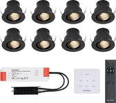 Set van 8 Medina - Mini LED Inbouwspot - 12V 3W - Zwart - Dimbaar - Kantelbaar & verzonken - Verandaverlichting - Incl. Muurdimmer - IP44 voor buiten - 2700K - Warm wit