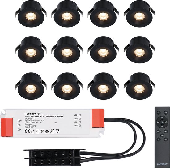 12x Cadiz - Mini spot encastrable LED 12V noir avec transformateur - 3 Watt  - Dimmable