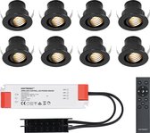 Set van 8 12V 3W - Mini LED Inbouwspot - Zwart - Dimbaar - Kantelbaar & verzonken - Verandaverlichting - IP44 voor buiten - 2700K - Warm wit