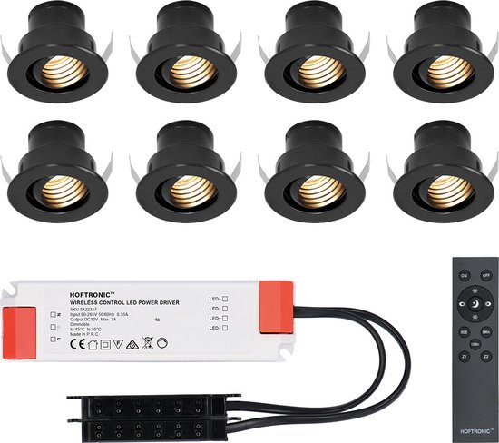 Set van 8 12V 3W - Mini LED Inbouwspot - Zwart - Dimbaar - Kantelbaar & verzonken - Verandaverlichting - IP44 voor buiten - 2700K - Warm wit