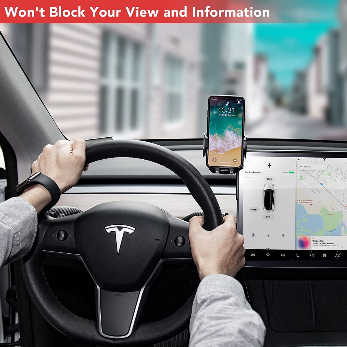Support Téléphone Pour Tesla Model 3/Y/S/X - Fixation Tableau De Bord, Double Rotation 180°, Système Gravity, Silicone Anti-rayures - Noir
